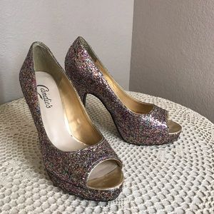 Candie’s Colorful Glittered Open-Toe Heels - 7